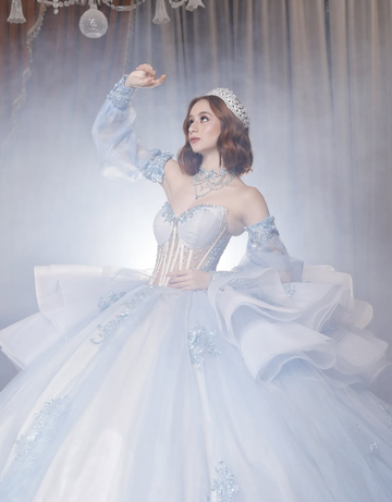 Baby Blue Sweetheart Neck Appliques Beaded Tulle Prom Dress Quinceanera Dress Ball Gown HZ1023